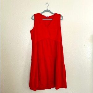 Rose Marine Red Italian 100% Linen Embroidered Midi Dress Romantic Feminine